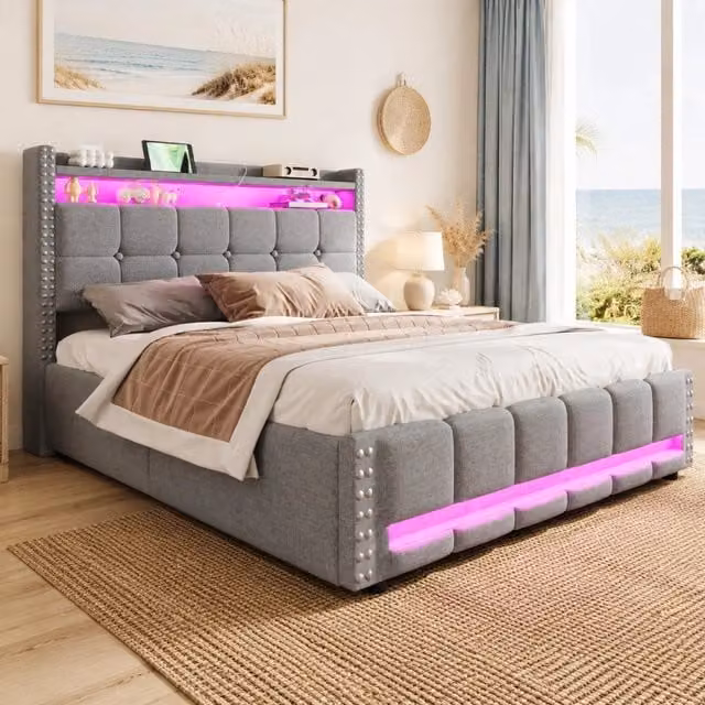 Letto matrimoniale imbottito 160x200 cm con LED; USB e contenitore; grigio chiaro in tessuto di lino