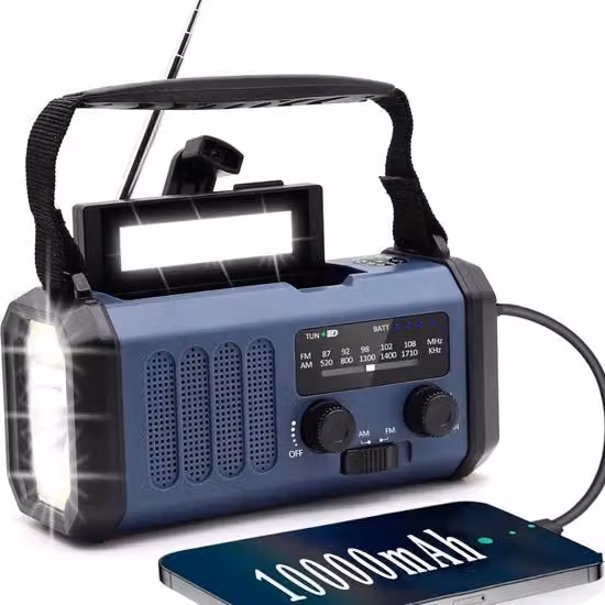 Radio Gustermmy a Batteria Solare e a Carica Manuale con Power Bank da 10000 mAh e USB-C, Colore Blu