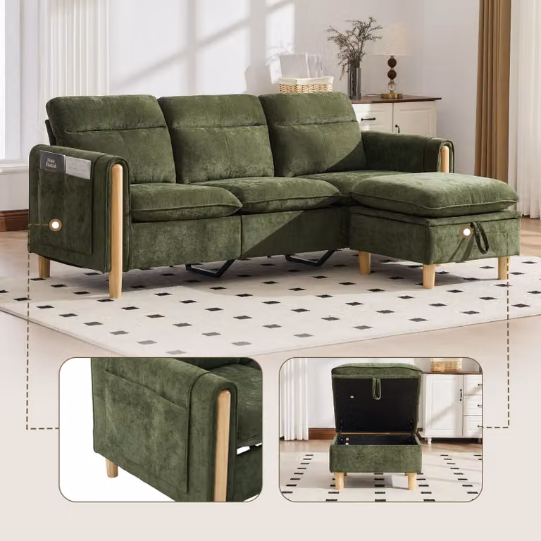 Divano a tre posti in stile nordico, poggiapiedi contenitore, tasche laterali, gambe in legno, forma a L (grigio)