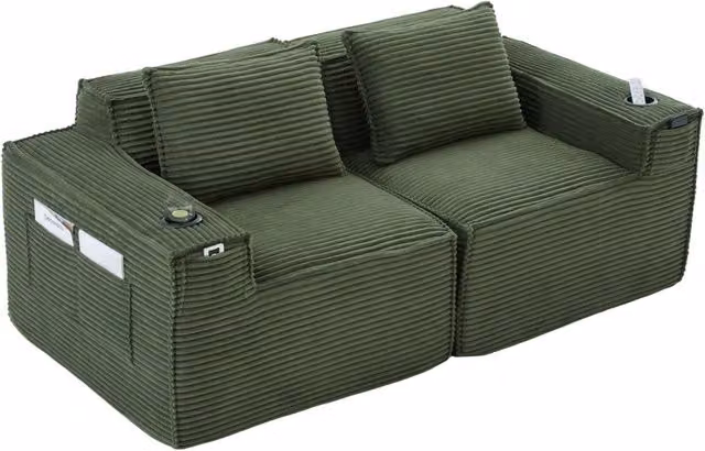 Divano modulare 188x90x75 cm in velluto a coste verde con portabicchieri e tasche