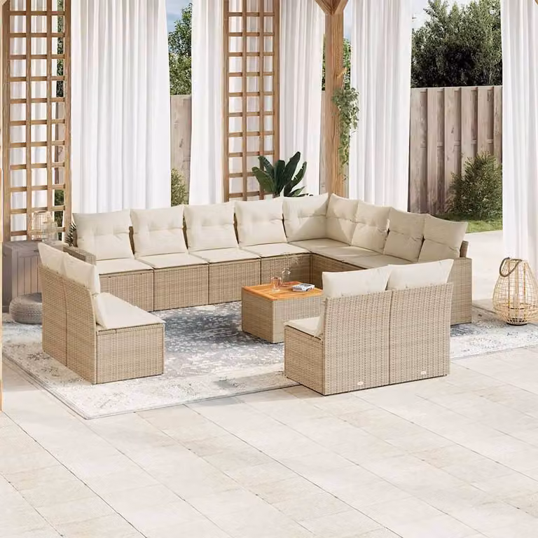 vidaXL Set Divano da Giardino a L 13 pz con Cuscini Beige e Tavolino in Polyrattan e Legno di Acacia