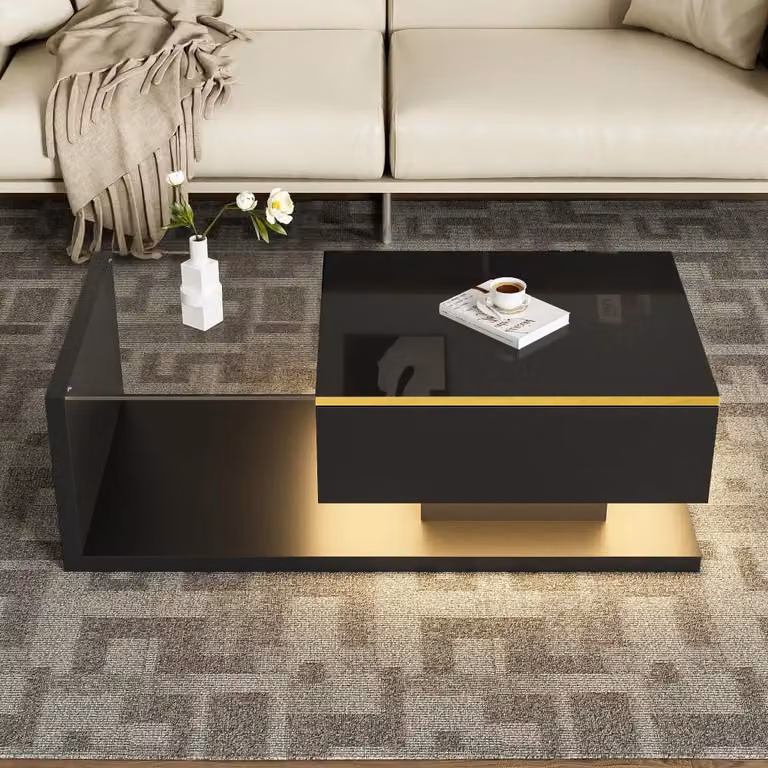 Tavolino da caffè - Tavolino ausiliario - 100 cm - Finitura lucida - Piano in vetro - Effetto luce LED - Struttura in legno - Nero + Pannello di particelle di legno