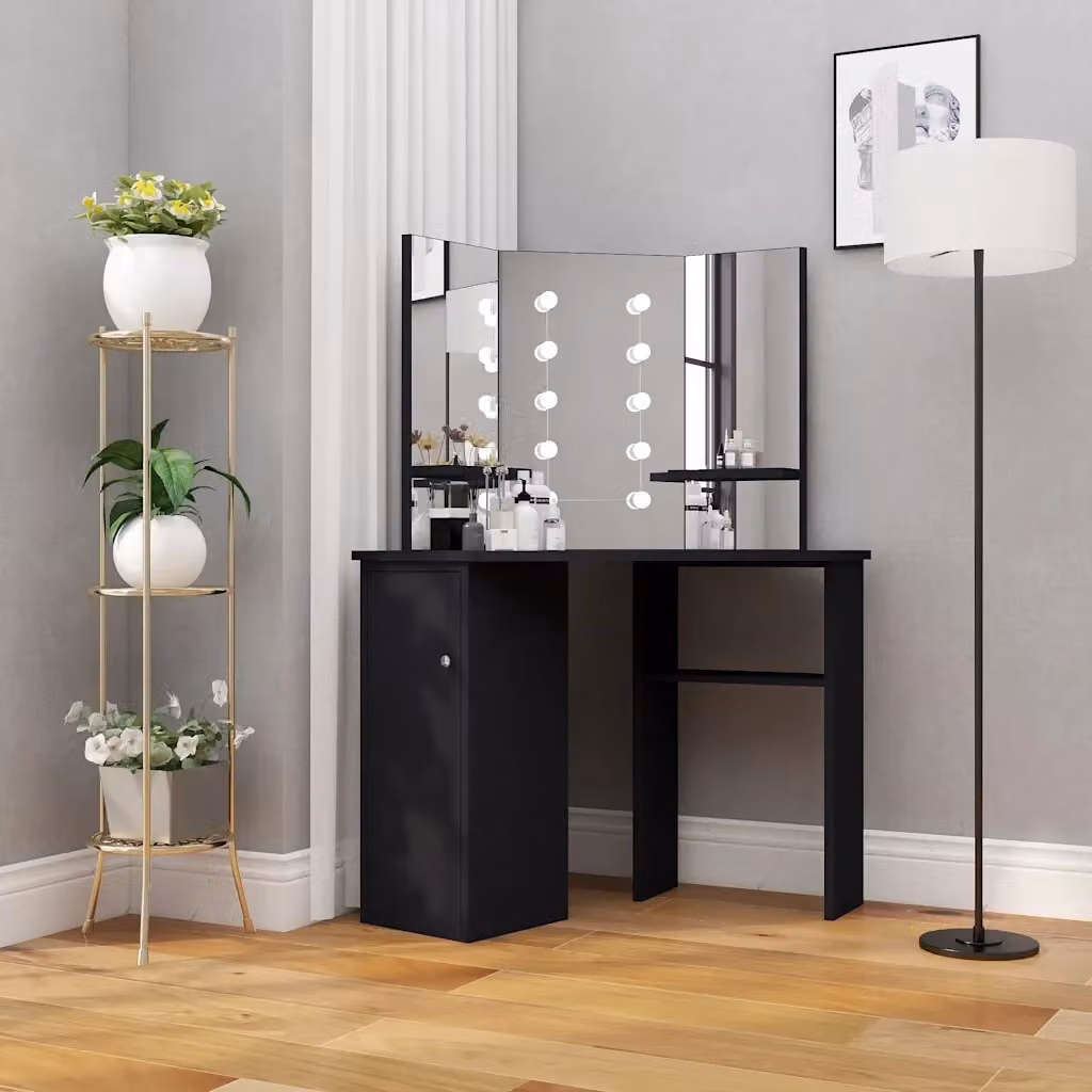 Tavolino da Trucco Angolare con LED Nero Moderno L: 111 cm, P: 54 cm, H: 141,5 cm – 2