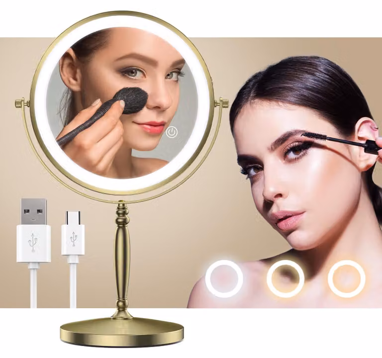 Specchio da trucco da 20 cm, con illuminazione LED, ingrandimento 1X/10X, ricaricabile, color oro