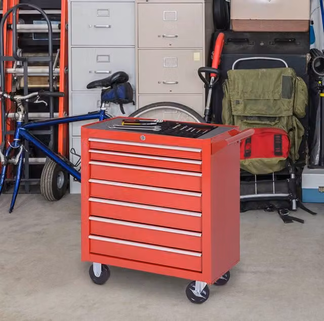 Carrello portautensili Qavryl in acciaio rosso con 7 cassetti chiudibili e ruote L: 75 cm, P: 33 cm, H: 150 cm