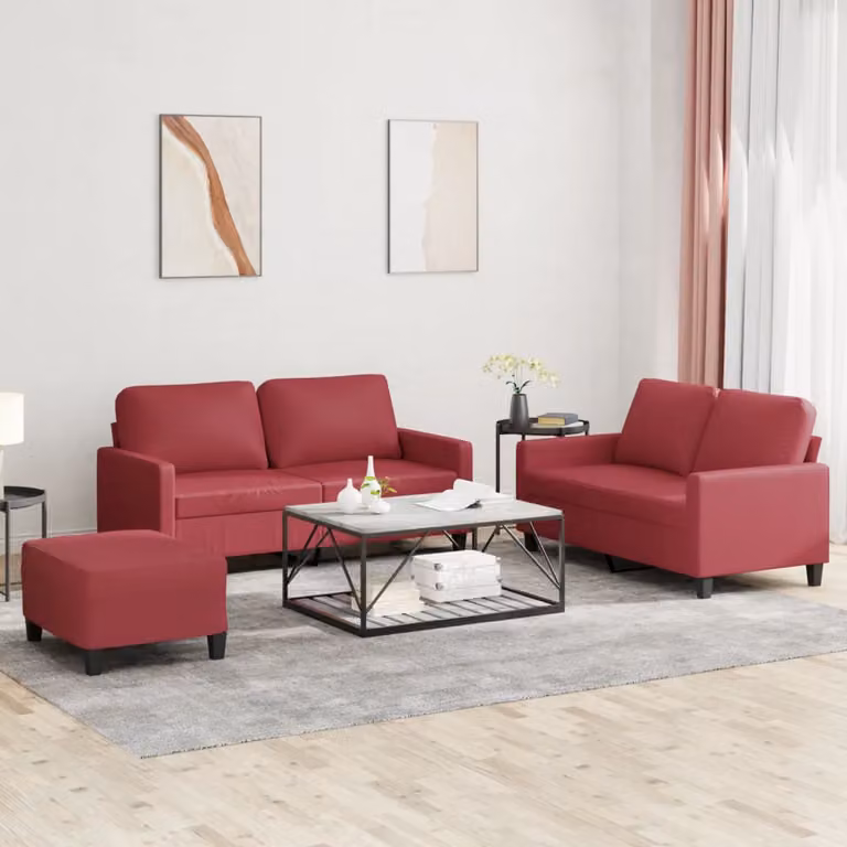 Set di divani 3 pezzi vidaXL in similpelle rossa con cuscini per soggiorno
