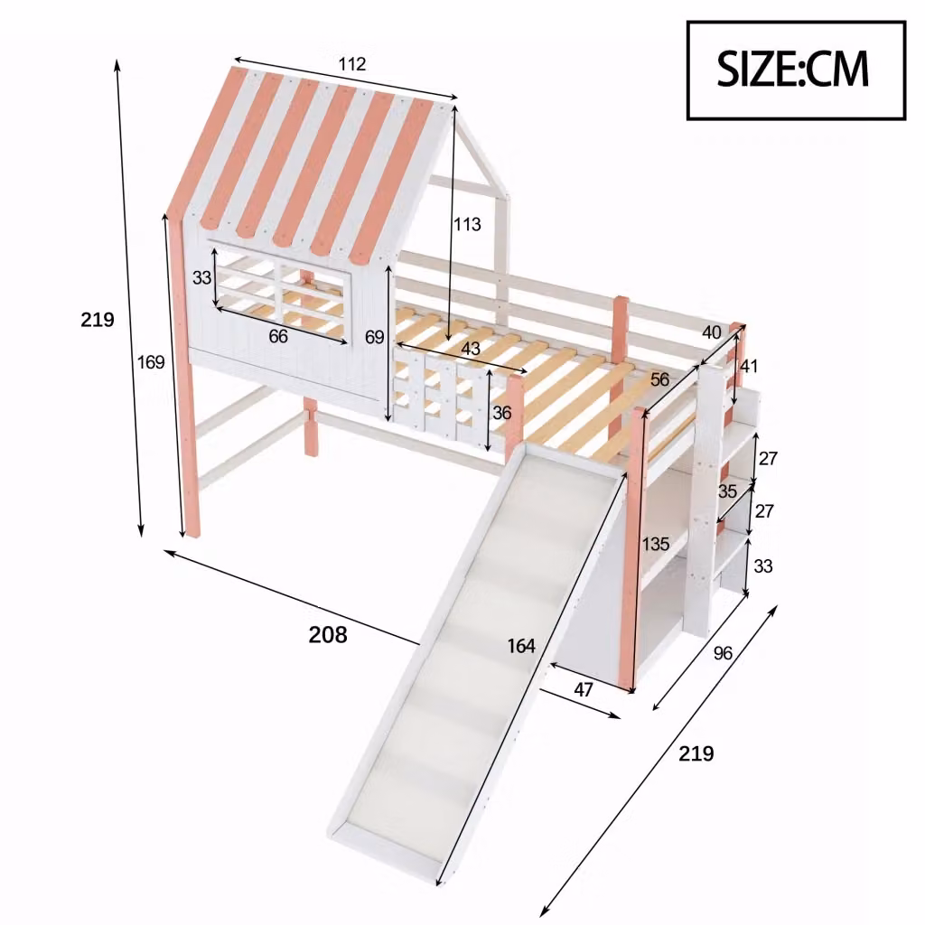 Letto a soppalco singolo per bambini REDOM con scivolo e scala, rosa, in legno di pino e MDF, L/P/H: 200 x 90 x 219 cm – 2
