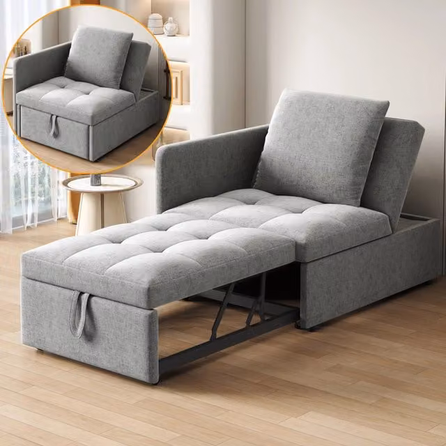 Divano letto 3 in 1 con schienale regolabile a 5 posizioni e cuscino in lino grigio per piccoli spazi 177 × 68 × 65 cm