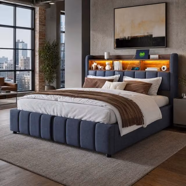 Letto matrimoniale imbottito 180 x 200 cm con vano contenitore; LED; USB e Type-C; grigio