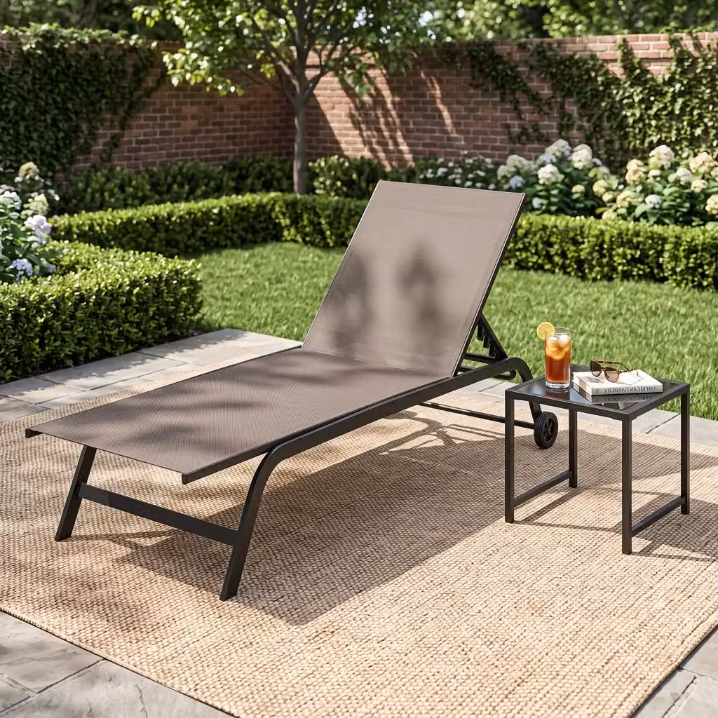 Set di sdraio e tavolino da giardino in acciaio verniciato marrone con schienale regolabile e tessuto textilene – 2