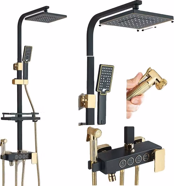 Set di rubinetti per doccia, acciaio inox, design contemporaneo, 4 vie, oro nero