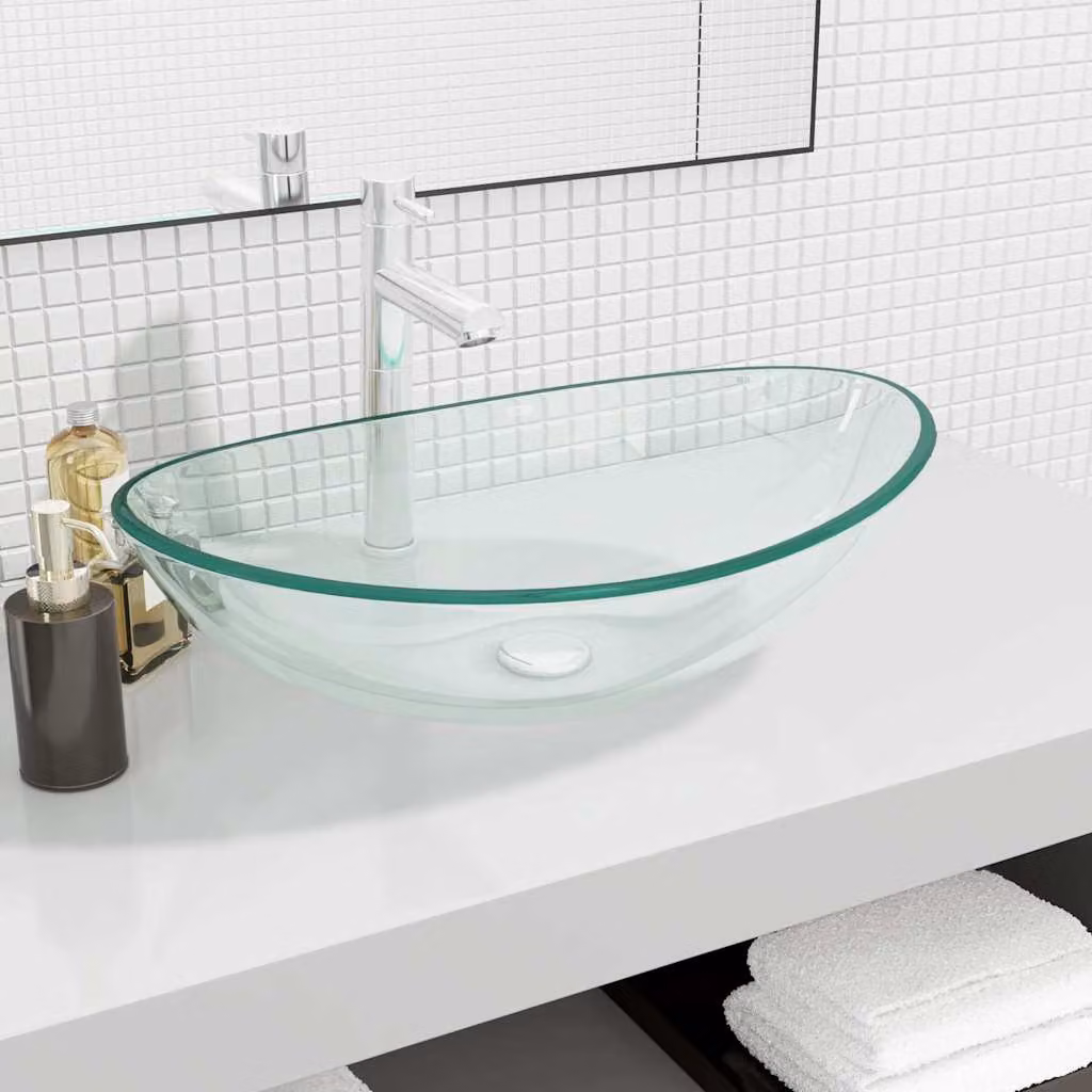 vidaXL Lavandino da appoggio in vetro temperato ovale, Trasparente, L: 54,5 cm, P: 35,0 cm, H: 15,5 cm