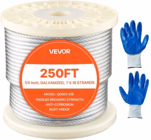 VEVOR Kit Fune Metallica in Acciaio al Carbonio Zincato Argento, Diametro: 6,35 mm, Lunghezza: 76,2 m