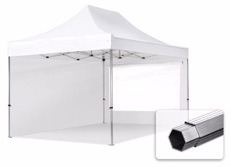 TOOLPORT 3x4,5m gazebo pieghevole PES con laterali (finestre panoramiche), PROFESSIONAL alluminio, bianco