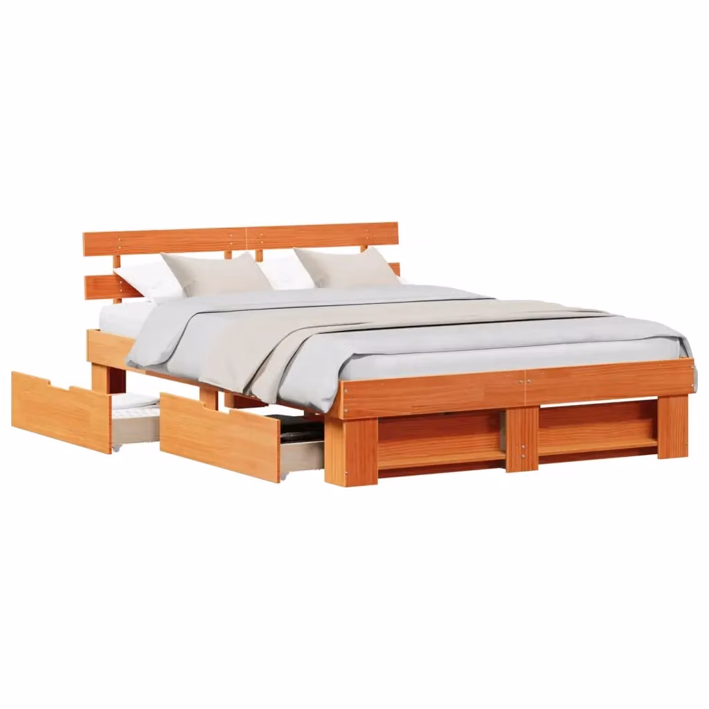 Struttura del letto moderna vidaXL in pino massello marrone cerato con cassetti L/P/H: 150 x 200 x 73 cm – 2