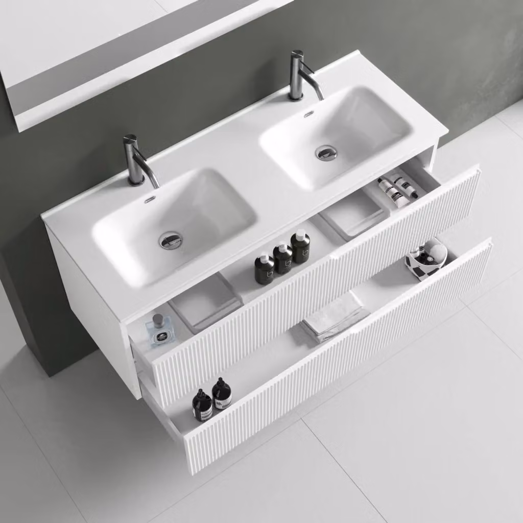Composizione bagno Venere AQA DESIGN a 5 pezzi con doppia vasca, bianco opaco, L: 121 cm, P: 46,5 cm, H: 190 cm – 2
