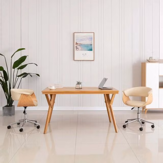 vidaXL Sedia da Pranzo Moderna Beige in Similpelle e Legno con Ruote e Rotazione a 360 Gradi – 1