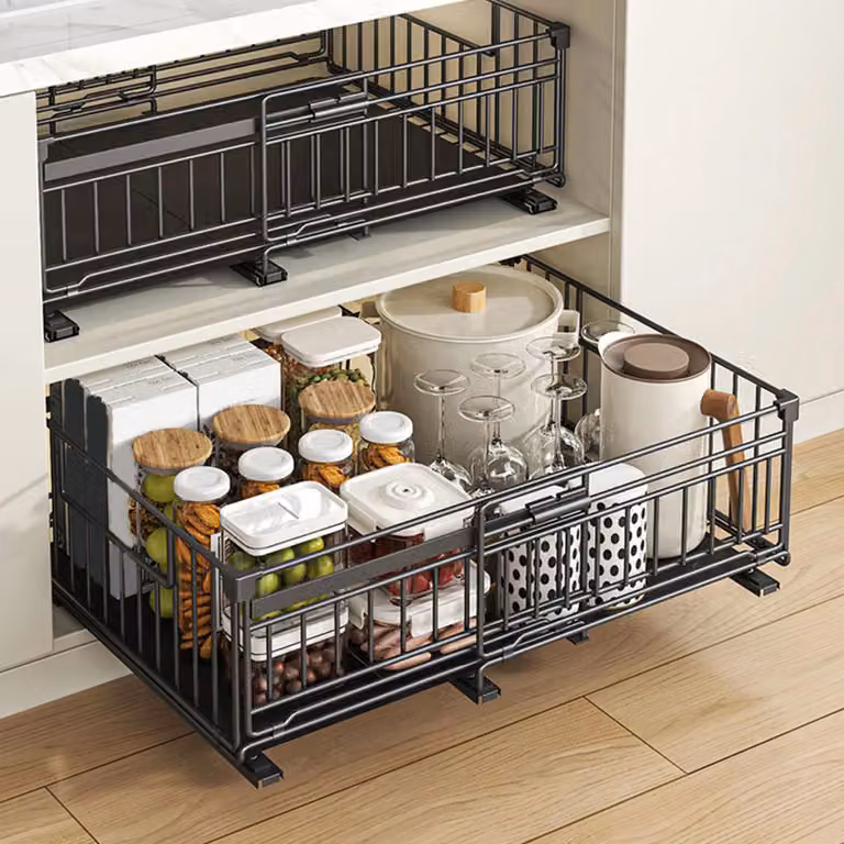 Ripiano estraibile per l'organizzazione degli armadi - Set da 2 - Dimensioni regolabili - Estensibile - Acciaio al carbonio - Installazione senza foratura - Ideale per armadi da cucina