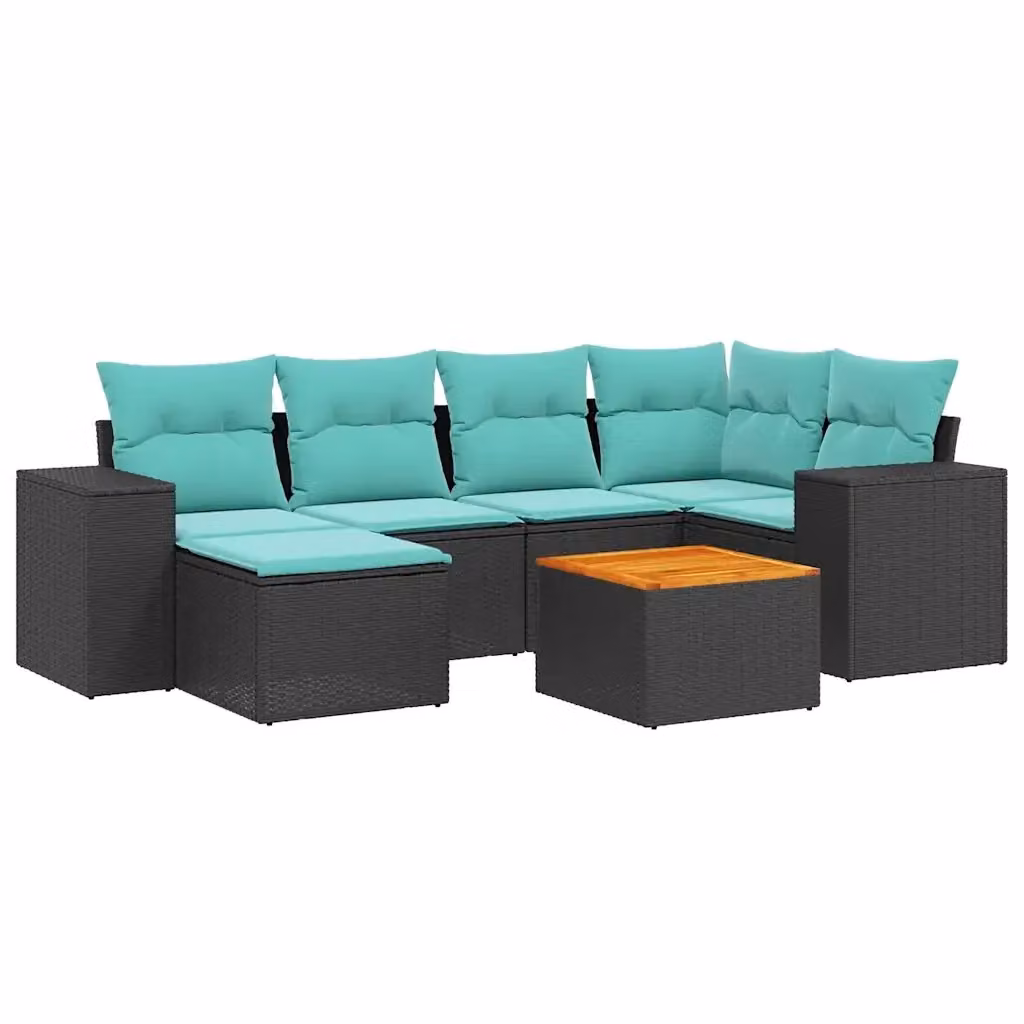 Set di divani da giardino vidaXL in polyrattan nero con cuscini blu e struttura in legno di acacia oliato, 7 pezzi – 2