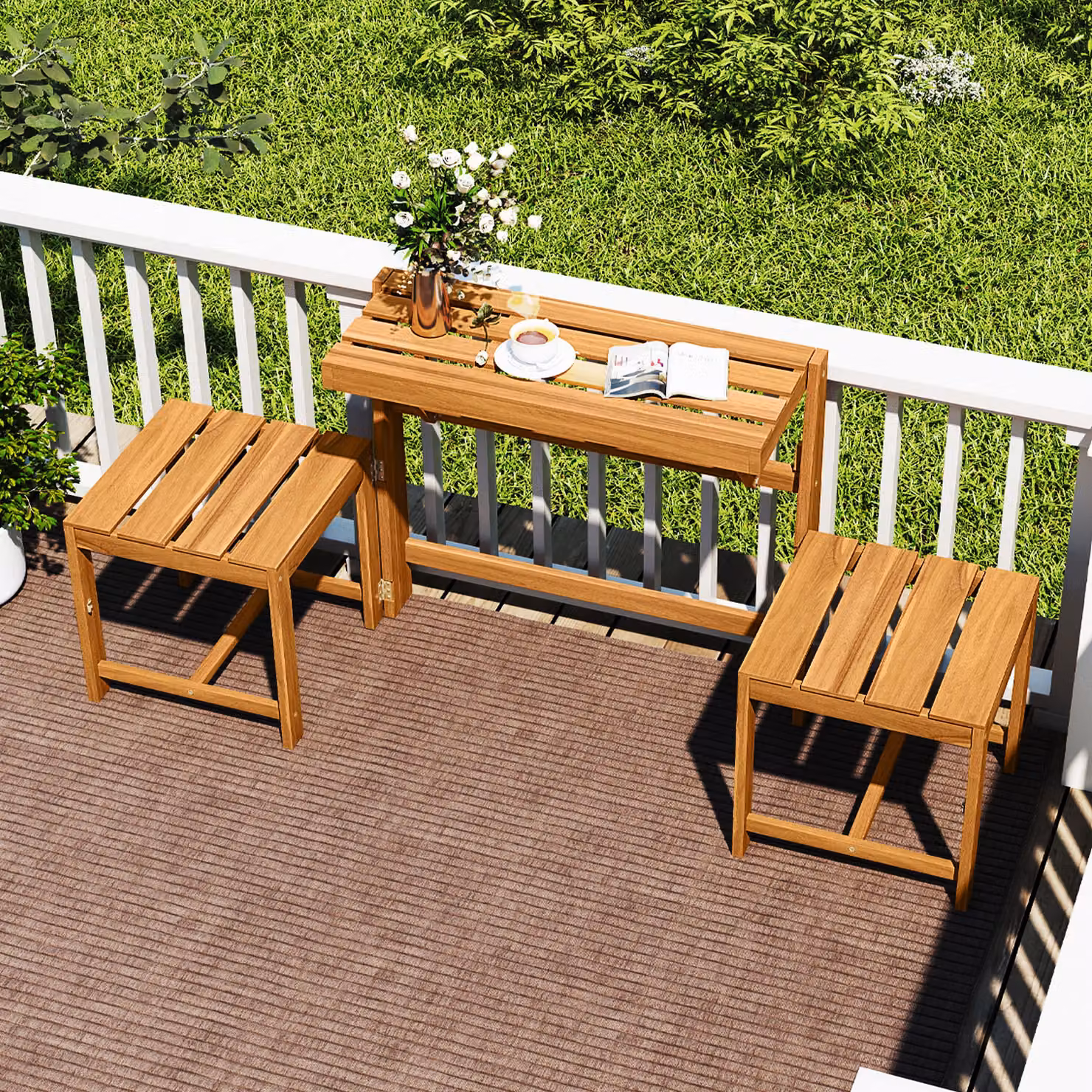 Panchina da esterno trasformabile 3 in 1 Costway in legno di acacia colore marrone per giardino, terrazzo e balcone