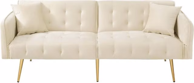 Divano-letto ZR Home a 2 posti in velluto beige con funzione letto e poggiatesta regolabile, L: 178 cm, P: 82 cm, H: 70 cm