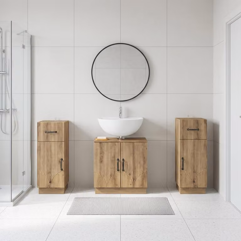Set di mobili da bagno vidaXL HOORN in 3 pezzi, Rovere Artigianale, Marrone, Design Minimalista