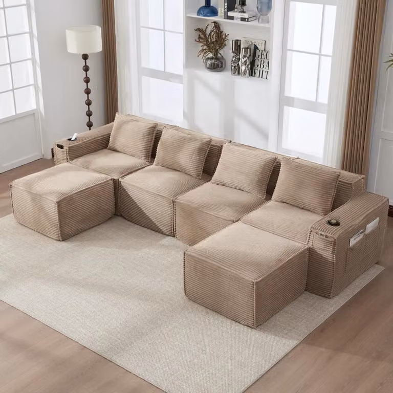 Divano componibile a forma di "U" - 4 posti - 2 poggiapiedi - Rivestimento in tessuto effetto corda - Imbottitura in schiuma - Comfort di seduta medio-morbido - Colore kaki