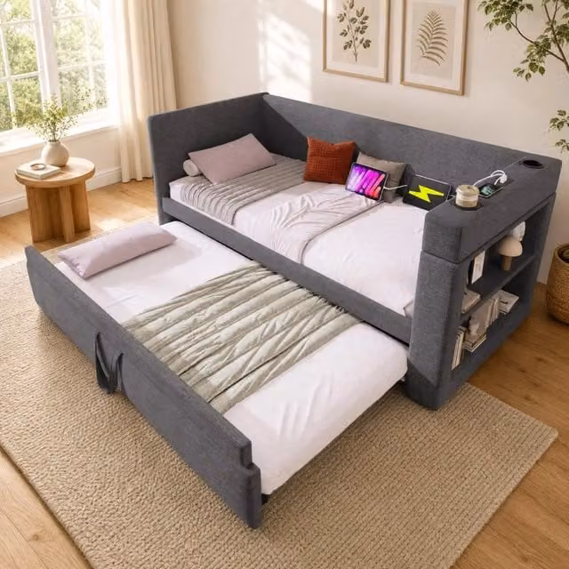Divano letto con letto estraibile 90x190 cm; 3 USB; Type-C; grigio