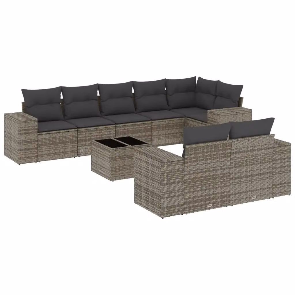 vidaXL Set Divano da Giardino a L 9 pz in Polyrattan Grigio con Cuscini e Tavolino – 2