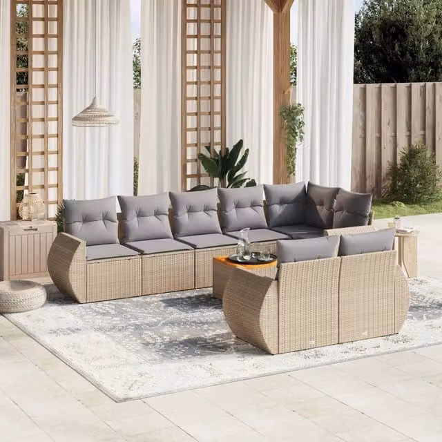 vidaXL Set Divano da Giardino a L in Polyrattan con Cuscini Beige e Grigio, 9 Pezzi con Tavolino e Elementi Angolari – 1