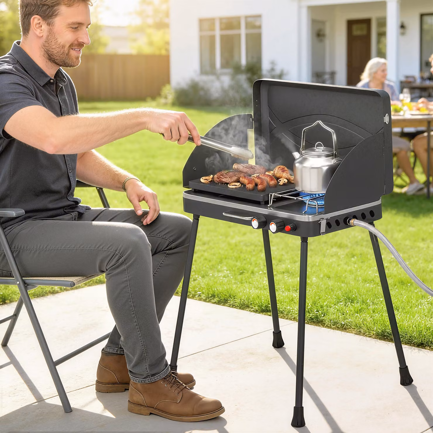 Barbecue a gas portatile 2-in-1 Outsunny con griglia e fornello laterale a propano, 7KW, Nero – 2