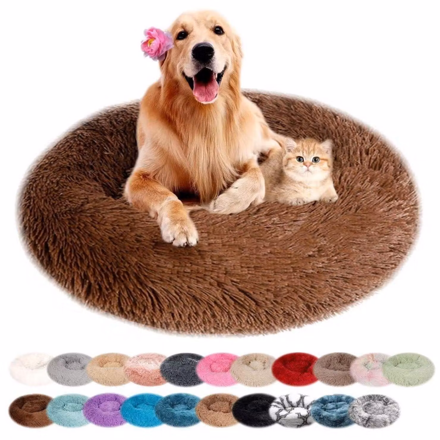 Cuccia per cani, rotonda, in peluche, lavabile, antiscivolo, marrone, 70 cm