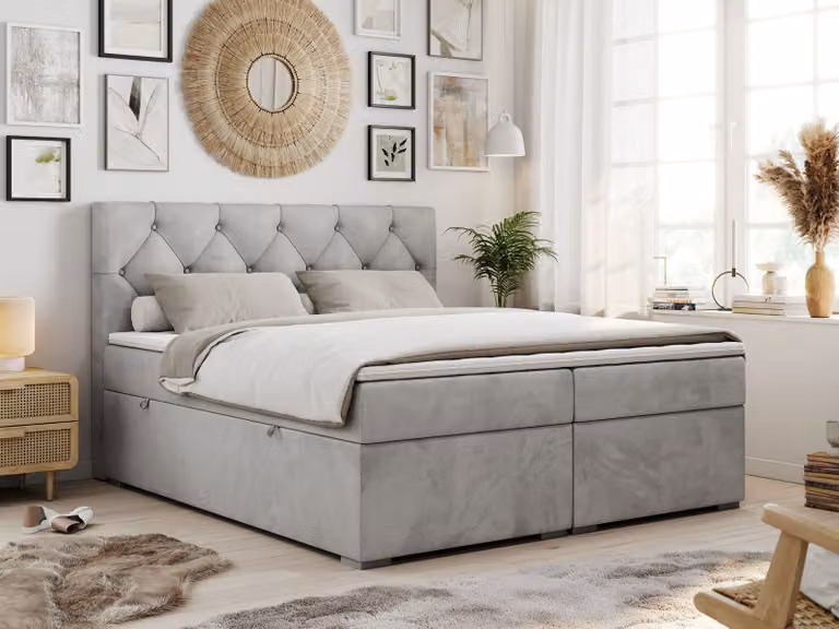 Boxspring con testiera trapuntata ALDA - 180x200 cm - Materasso multipocket H4 | Grigio chiaro Velluto - Topper T25