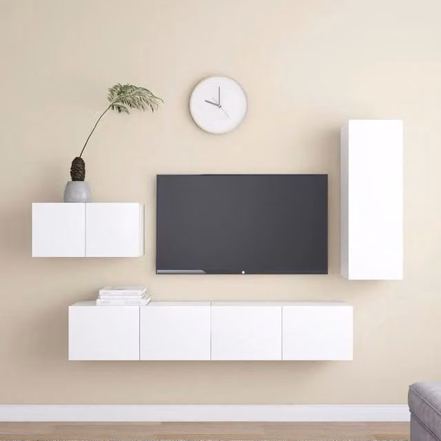 Set di 4 mobili porta TV vidaXL in legno multistrato bianco per soggiorno in stile minimalista e montaggio a parete – 1