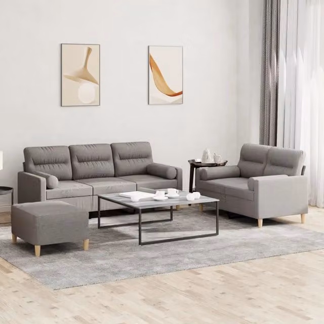 Set di Divani 3 Pezzi vidaXL in Tessuto con Ottoman e Cuscini, Colore Grigio e Beige per Soggiorno Moderno