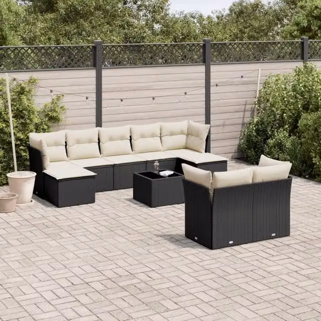 Set Divani da Giardino 10pz con Cuscini in Polyrattan Nero 3250155