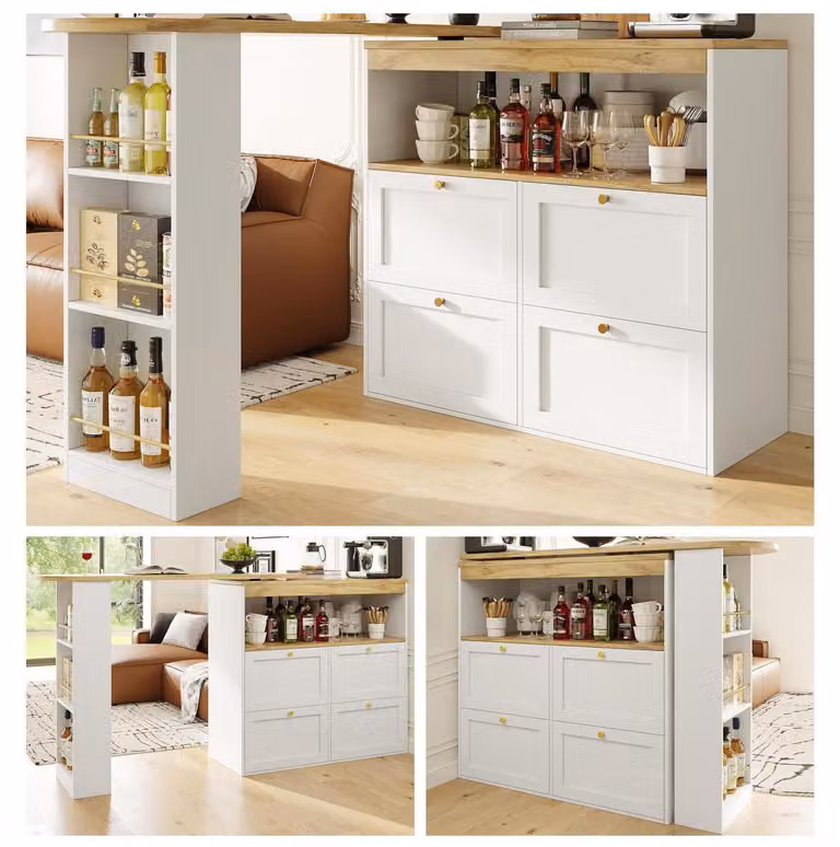 Tavolino girevole a 360° con 4 cassetti e ripiani aperti, dimensioni 105 x 39 x 102 cm, colore bianco
