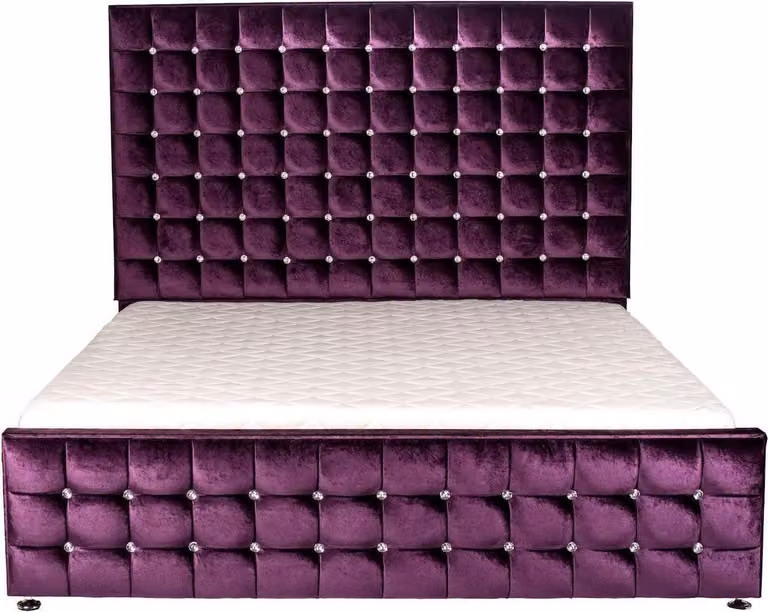 Lila Luxus Samt Textil Bett Doppel Betten Chesterfield mit Kristallsteinen