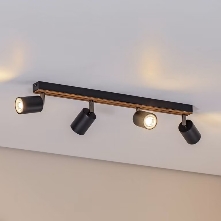 Faretto da soffitto Tino, nero/legno, a 4 luci, 60 cm Tino Luminex, dimmerabile, Nero, Soggiorno / Sala da pranzo, Metallo, Faretto alogeno