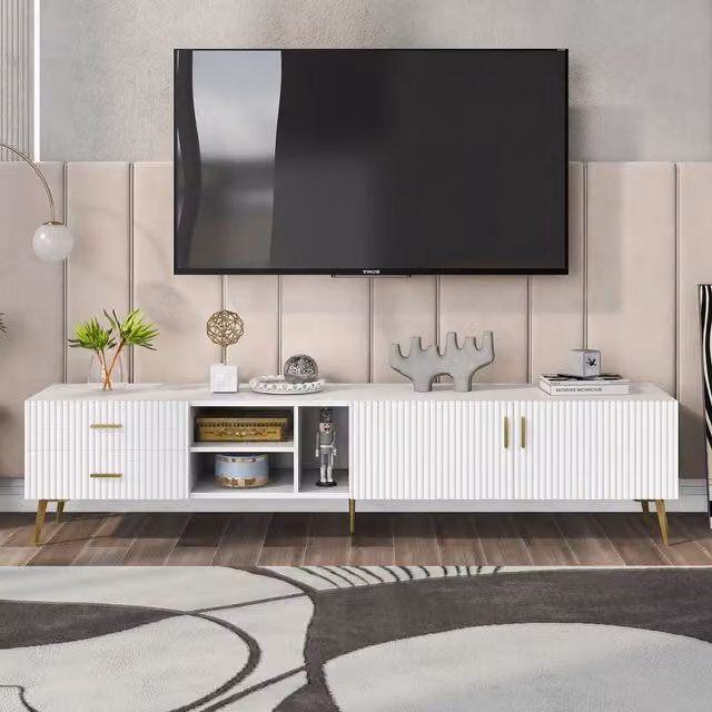 Mobile TV Moderno Bianco Aosom con Strisce Decorative e Gambe in Metallo Dorato con 2 Cassetti – 1