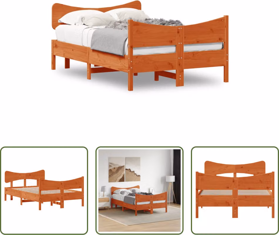 The Living Store Letto in legno massiccio con testiera marrone cera 120x200 cm pino