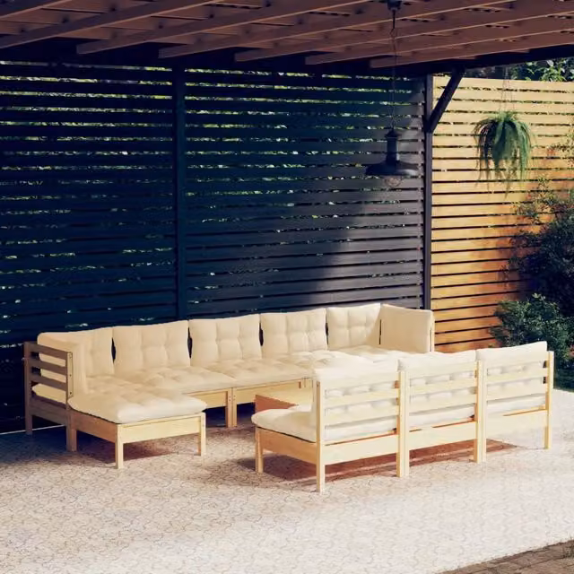 Set di Divani da Giardino a L con Cuscini Beige in Legno di Pino Massello vidaXL 11 pz