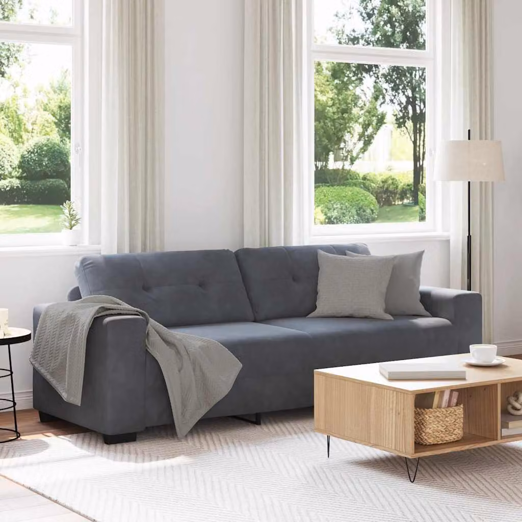 Divano a 3 posti vidaXL in velluto grigio con cuscini, L: 220 cm, P: 78 cm, H: 80 cm