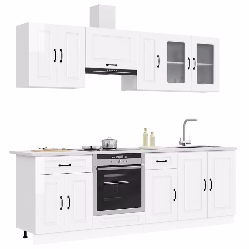Set di mobili da cucina moderno vidaXL Kalmar composto da 8 pezzi in bianco lucido con ante in vetro e ripiani interni
