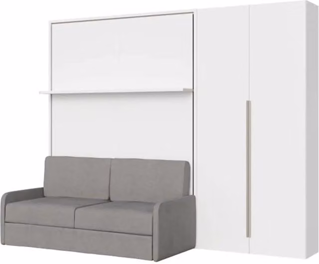 Letto matrimoniale a scomparsa Versia con divano e armadio a destra con 2 ante, colore bianco, dimensioni 160x200 cm – 1