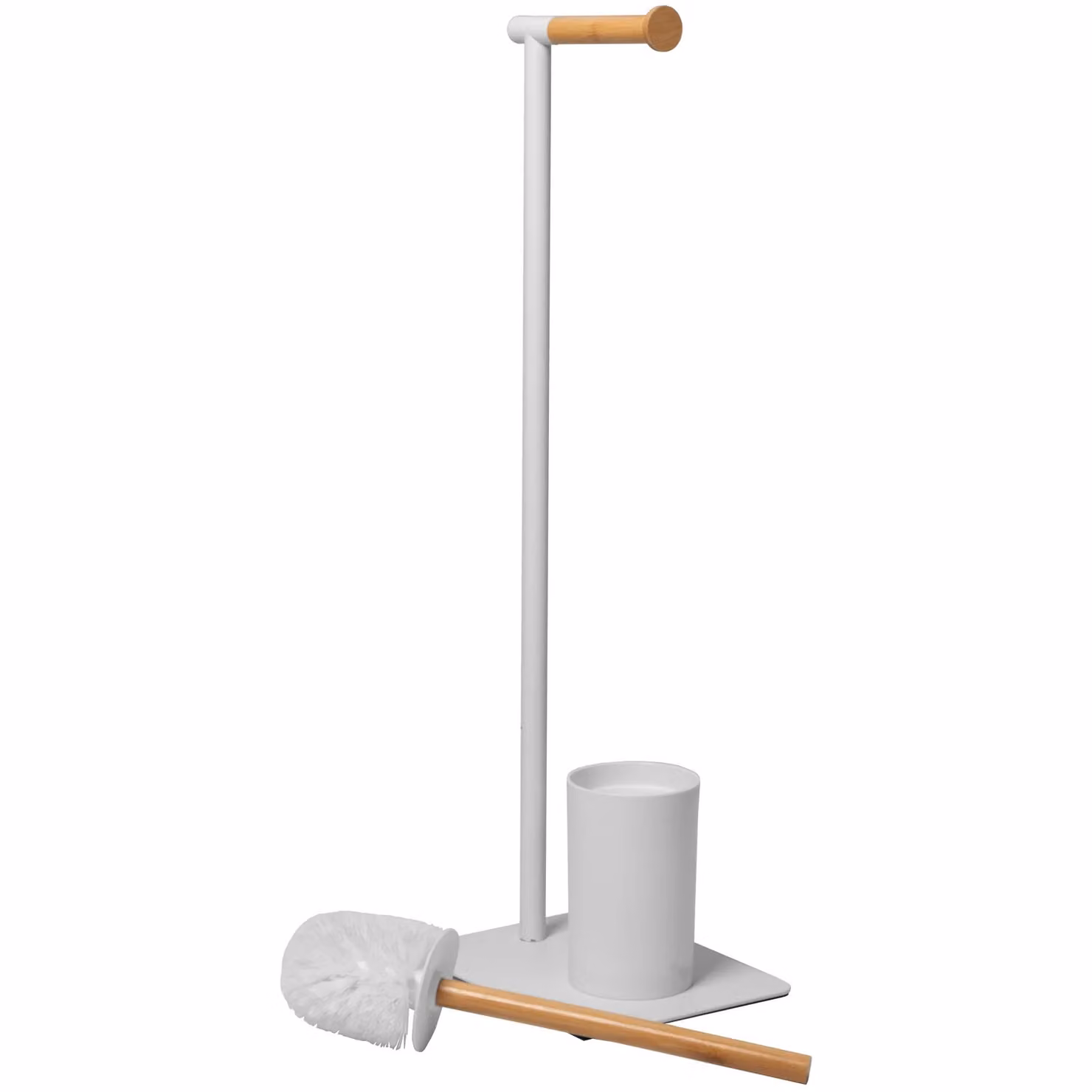 Piantana portascopino e portarotolo VESTIAMO CASA in acciaio inox e bamboo, colore bianco, H 67 x L 23 x P 18 cm