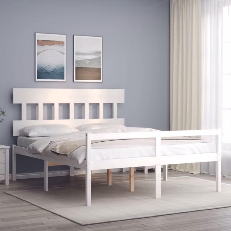 The Living Store Letto Senior con testiera 160x200 cm in legno massiccio bianco