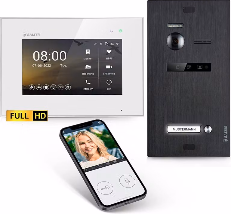 Videocitofono HD con app per smartphone per abitazioni monofamiliari, 1x monitor, Balter EVO HD WLAN nero