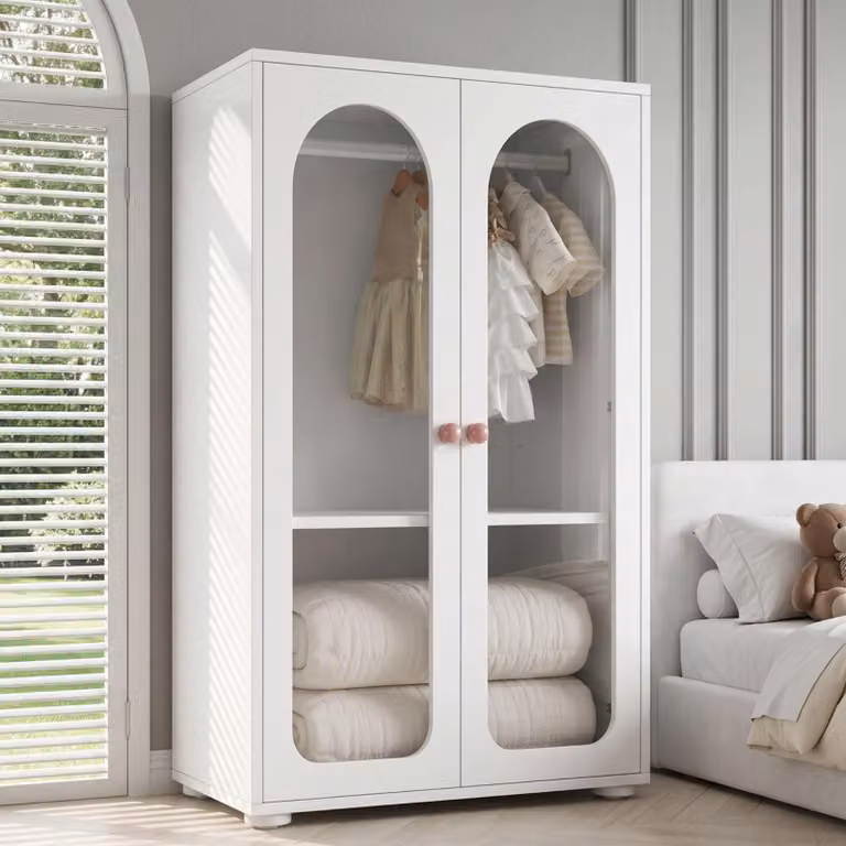 Armadio STILVORA con 2 ante e barra appendiabiti, mobile contenitore con ante trasparenti in acrilico, armadio per bambini con maniglie in Vetroceramica, colore bianco