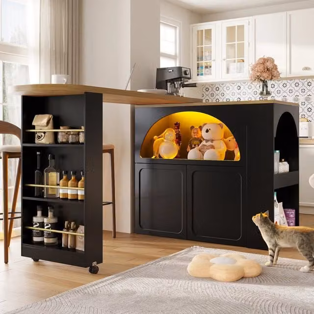 Tavolo Bar Mobile Estensibile REDOM Nero Multicolore con LED e Rotelle L/P/H: 135-205 x 39 x 100 cm